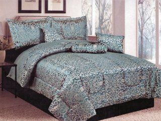 7 Pc Geometric Floral Damask Motif Jacquard Comforter Set Slate Blue Teal Queen  