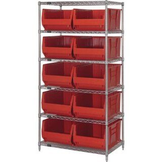 Quantum Storage Systems WR6 954RD 6 Tier Complete Wire Shelving System with 10 QUS954 Red Hulk Bins, Chrome Finish, 24" Width x 36" Length x 74" Height
