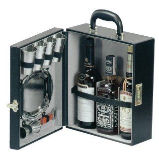 TRAV L BAR Black Vinyl 3 Bottle Travel Bar with Serving Tray Alcohol And Spirits Flasks Kitchen & Dining