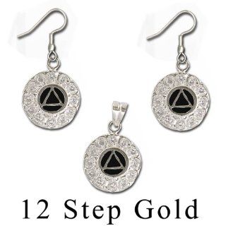 Alcoholics Anonymous AA Jewelry, #1218, Black Enamel Inlay with 12 CZ's, One for Each Step Gold Sobriety Jewelry Jewelry