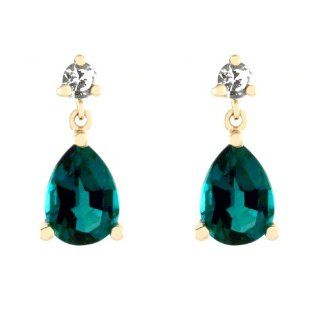 10k Yellow Gold Pear Shaped Created Emerald and Created White Sapphire Dangle Earrings Jewelry