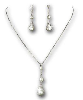 Silver Tone Diamond White Simulated Pearl Rhinestone Necklace Earrings Bridal Jewelry