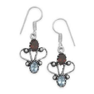 Oxidized Garnet and Blue Topaz Earrings Dangle Earrings Jewelry
