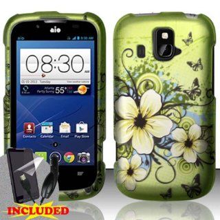 ZTE Overture Z995 (AIO Wireless) 2 Piece Snap On Rubberized Image Case Cover, White Hawaiian Flower Design Blue/Black Swirls Green Cover + SCREEN PROTECTOR & CAR CHARGER Cell Phones & Accessories