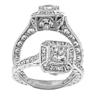 1 Carat Vs 1 Clarity J Color Halo Set Princess Cut Diamond Engagement Ring Vintage Style 14k White Gold Jewelry