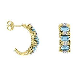 Emerald Cut Blue Topaz & Diamond Earrings 14K Yellow Gold RMC Worldwide Jewelry