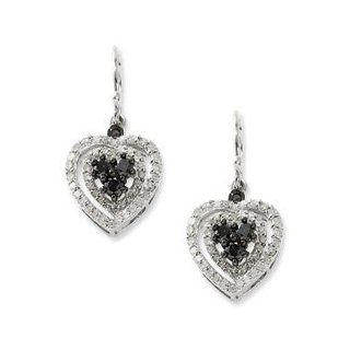 White Night Silver and Diamonds Collection   Sterling Silver Black and White Diamond Heart Shaped Dangle Earrings 1 Carat in Gift Box Jewelry