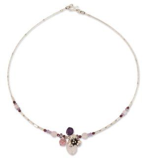 Rose quartz and garnet flower necklace, 'Hill Tribe Blossom' Jewelry