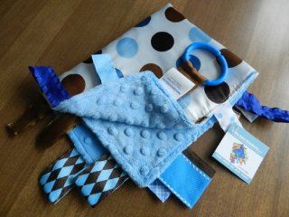 Sensory Baby Tag Blanket, blue and brown polka dot, 14" x 18". For entertainment, security, comfort. Also used for special needs, autism, therapy. Ribbons sewn shut into tabs for added security. Made in USA by Baby Jack Blankets  Toddler Blanket