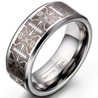8mm Men's Tungsten Carbide Ring Comfort Fit Laser Etched Cross Band Jewelry