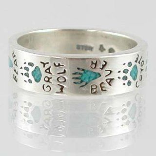 Southwestern Style Animal Track ( Raccoon, Moose, Mountain Lion, Coyote, Beaver, Gray Wolf and Bear ) Band Ring in Sterling Silver with Turquoise Chip Inlay for Men or Women, size 5, #11873 Taos Trading Jewelry Jewelry