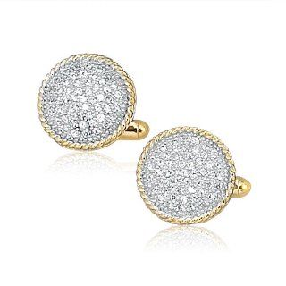 Men's Sterling Silver Two Tone Yellow Gold Tone Pave White CZs Rope Border Round Cufflinks Jewelry