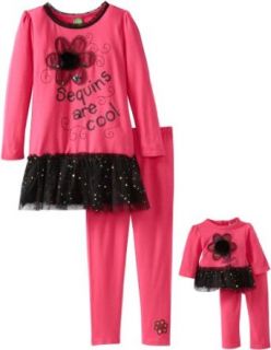 Dollie & Me Girls Knit Long Sleeve Sequins Are Cool Dress Over Solid Legging and Matching Doll Garnt, Pink/Black, 7 Clothing
