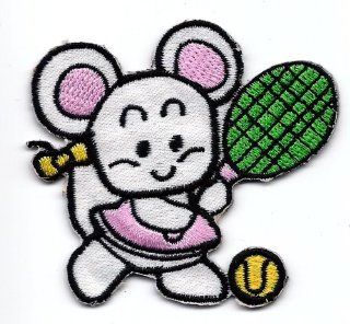 White MOUSE wearing tennis skirt playing tennis Embroidered Iron On Patch Applique ~ tennis racket tennis ball 