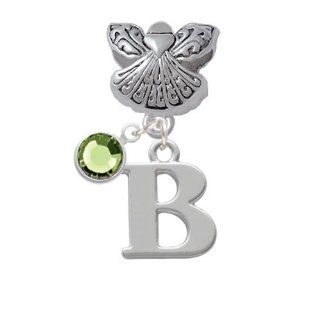 Large Silver Initial Angel Charm Dangle Bead with Crystal Drop Crystal Peridot; Initial B Italian Style Single Charms Jewelry