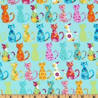 44'' Wide Michael Miller Happy Hills Calico Cat Aqua Fabric By The Yard