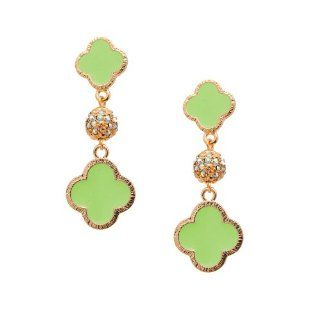 Gold Plated Dangling Clover with Crystal Ball Earrings (Lime Color) Hoop Earrings Jewelry