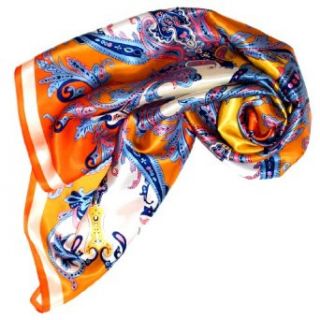 Lorenzo Cana Italian Scarf 100% Silk Satin 90 X 90 Cm 35" X 35" Orange Gold White Blue Paisley 89023 Fashion Scarves