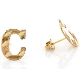 14k Real Yellow Gold Diamond Cut Letter C Initial Unisex Post Earring Jewelry