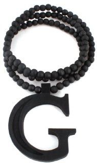 Black Wooden Initial Letter "G" Pendant with a 36 Inch Beaded Necklace Chain Letter G Wood Necklace Jewelry
