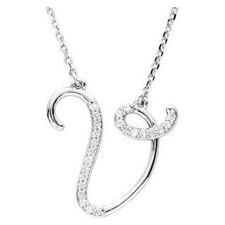 Sterling Silver Alphabet Initial Letter V Diamond Pendant Necklace, 17" (GH Color, I1 Clarity, 1/8 Cttw) Choker Necklaces Jewelry