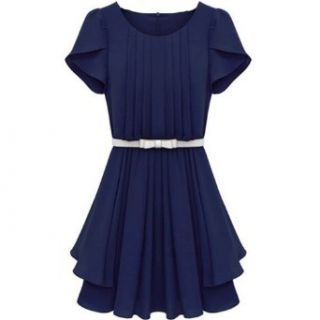 Quality Ruffle Shoulder Above knee Pleated Dress with Bow Style Belt