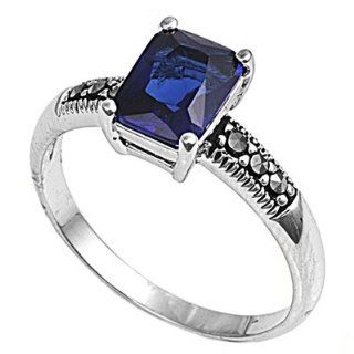 Sterling Silver Marcasite Ring with Blue Cubic Zirconia   Size 6 Jewelry