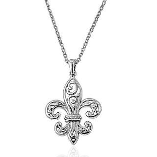 Classic Rhodium Plated Fleur de Lis Pendant Necklace, 16 18 Adj. Chain Jewelry