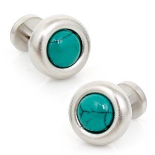 One Piece Turquoise and Brushed Silver Cufflinks Cuff Links Jewelry