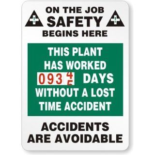 On the Job Safety Begins Here. This Plant has Work ___Days Without a, Safety Scoreboard, 24" x 36" Industrial Warning Signs