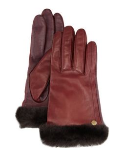 UGG Australia Classic Fur Trim Leather Smart Gloves, Burgundy