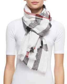 Burberry Core Oblong Linen Check Scarf, Ivory
