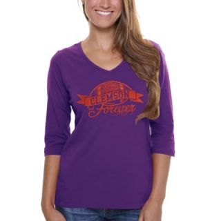 Clemson Tigers Ladies Bling Football Three Quarter Length V Neck T Shirt   Purple/Orange