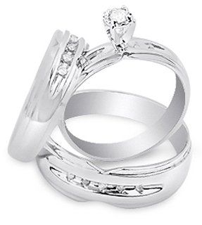 10K White Gold Diamond Mens and Ladies Couple His & Hers Trio 3 Three Ring Bridal Matching Engagement Wedding Ring Band Set   Solitaire Setting w/ Channel Set Round Diamonds   (.18 cttw)   SEE "PRODUCT DESCRIPTION" TO CHOOSE BOTH SIZES Sonia