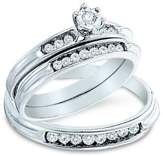 14k Yellow OR White Gold Mens and Ladies Couple His & Hers Trio 3 Three Ring Bridal Matching Engagement Wedding Ring Band Set   Round Diamonds   Solitaire Center Setting w/ Channel Set Side Stones (2/5 cttw)   SEE "PRODUCT DESCRIPTION" TO CHO