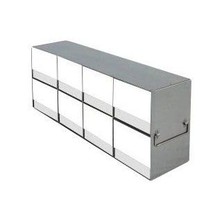 Alkali Scientific 8 slot, upright freezer rack for 5.75 x 5.75 x 4.75 inch high boxes containing 15 mL & 50 mL tubes, stainless Ssteel, with handles and locking rods. Science Lab Bottle Racks