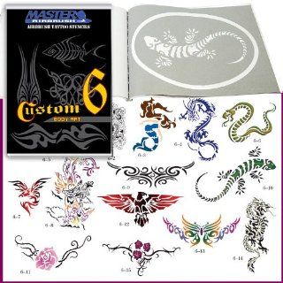 Master Airbrush Brand Airbrush Tattoo Stencils Set Book #6 Reuseable Tattoo Template Set, Book Contains 15 Unique Large Sized Stencil Designs, All Patterns Come on High Quality Vinyl Sheets with a Self Adhesive Backing.