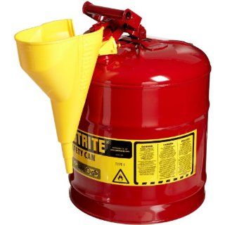 Justrite 7150110 Type I Galvanized Steel Safety Can with Funnel, 5 Gallons Capacity, Red Hazardous Storage Cans