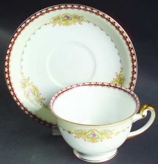 Meito Dover Footed Cup & Saucer Set, Fine China Dinnerware   Red Border, Floral