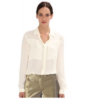 Armani Jeans Long Sleeve Silk Blouse w/ Square Detail On Chest Womens Long Sleeve Button Up (Beige)