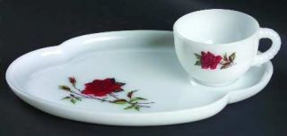 Federal Glass  Rosecrest Snack Plate and Cup Set   Milkglass With Red Roses