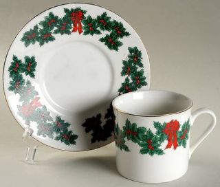 Libbey Lie1 Flat Cup & Saucer Set, Fine China Dinnerware   Christmas Holly/Red R