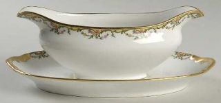 Vignaud Meuse, The (Pink&Yellow Flowers,Green) Gravy Boat with Attached Underpla