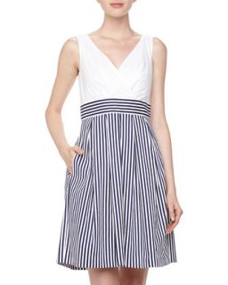Stripe/Pique Combo Fit And Flare Dress, White/Navy