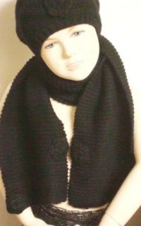 Hand Crocheted Dark Brown Acrylic Eighty Two By Eight Inches Scarf Hat Set for Children with Rosettes Cold Weather Accessory Sets Clothing