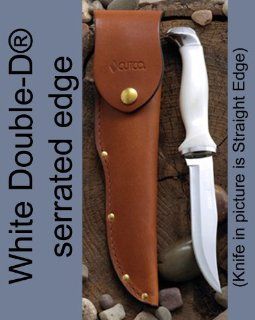 Model 1769 CUTCO Hunting Knives with leather sheaths. 5 3/8" Double D serrated OR Straight Edge blades. Available with either Classic Dark Brown OR White (Pearl) handlesSee availability/order page to select the blade and handle of your choice. Kitch
