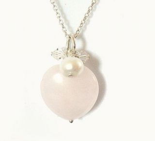 rose quartz heart and pearl pendant by clutch and clasp