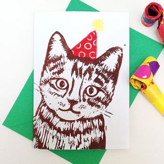 party cat linocut birthday card by woah there pickle