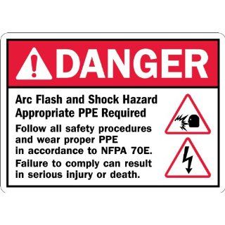 SmartSign Adhesive Vinyl Label, Legend "Danger Arc Flash and Shock Hazard PPE Required" with Graphic, 7" high x 10" wide, Black/Red on White Industrial Warning Signs