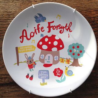 personalised toadstool baby birth plate by ethel and co
